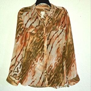 Chico's Animal Print Gold Sequined Collar  Chiffon Blouse  Size Large